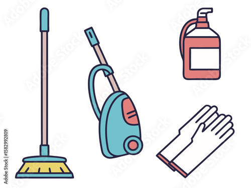 Collection of cartoon cleaning tools including a broom vacuum spray bottle and gloves