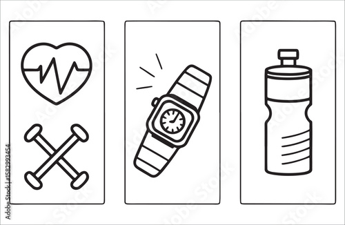 Heart pulse dumbbells watch water bottle electrocardiogram