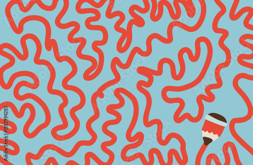 Banner Background Retro Abstract Pattern in 80's 90's Design with Hand-drawn Swirl Wavy Shapes in Red and Blue. Seamless Pop Art Design with Pencil
