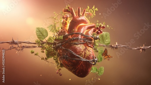 Glowing heart entwined in barbed wire and vines, orbited by symbols of healthy and unhealthy lifestyles