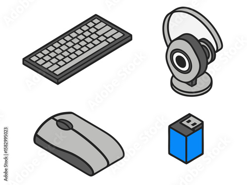 Isometric computer peripherals keyboard mouse webcam and usb drive