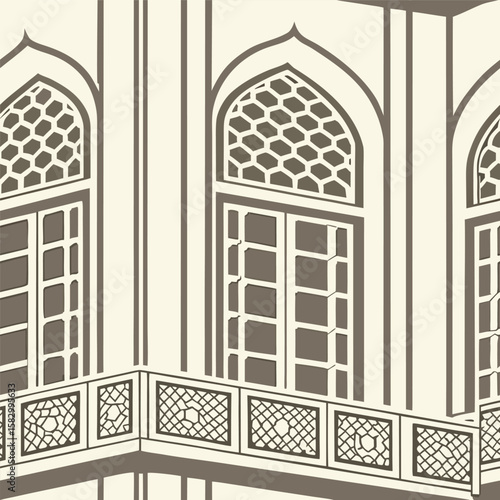Architectural detail illustration depicting a segment of mughal palace balcony and windows in geometric style