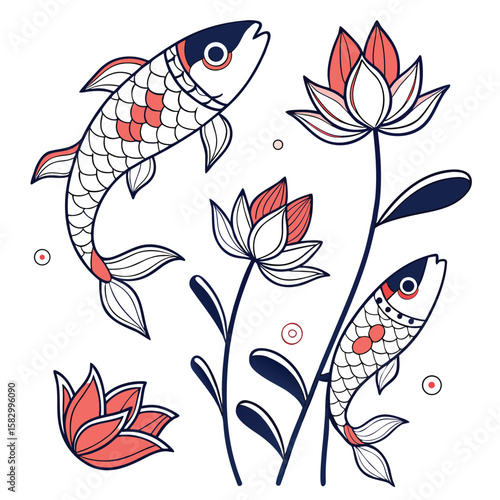 Artistic illustration featuring koi fish and lotus flowers in a stylized japanese design