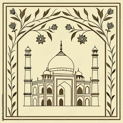Beautifully illustrated vector depiction of the taj mahal monument and floral arch on cream background