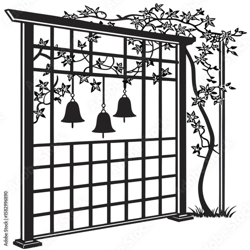 Black and white garden gate design with bells and flowering vines on a transparent background