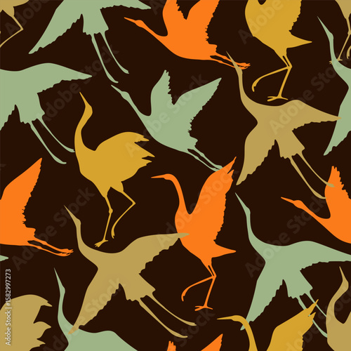Abstract asian crane bird silhouette seamless pattern. Japanese wading bird silhouettes background. Vector art illustration inspired by eastern traditional style