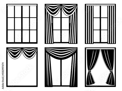 Collection of stylized window designs with various curtain styles