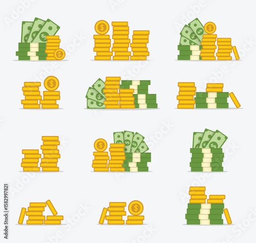 Flat vector illustration of US dollar stacks, coins and cash bundles, perfect for finance, wealth, banking and investment concepts