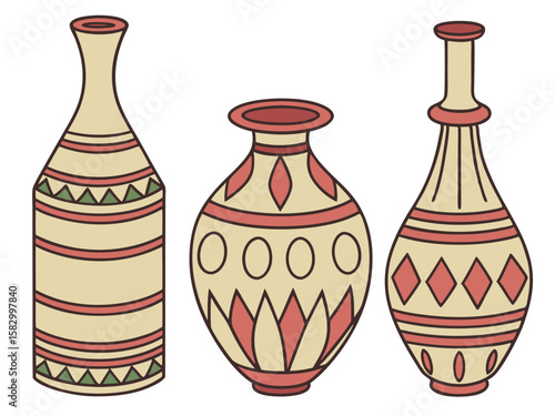 Three decorative ceramic vases with geometric patterns and earthy tones