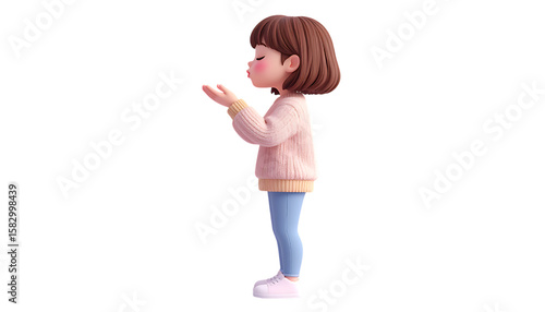 A cartoon girl blowing a kiss, rendered in a 3D style, isolated.