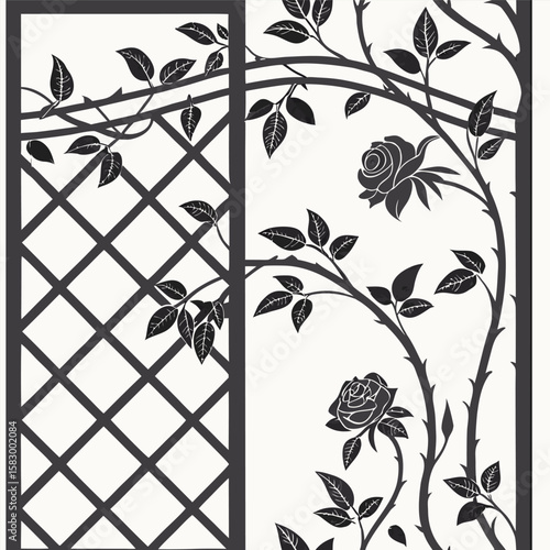 Decorative floral trellis design featuring climbing roses with leaves and thorns in a monochrome style.