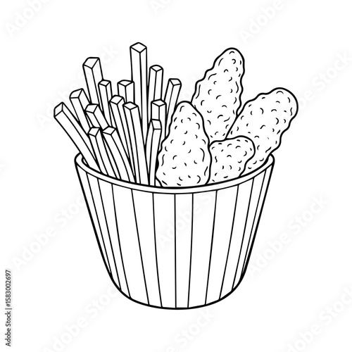 Hand-Drawn Cute Black and White Outline Illustration of a Basket Filled with French Fries and Three Textured Chicken Tenders in Bold Line Art Style 