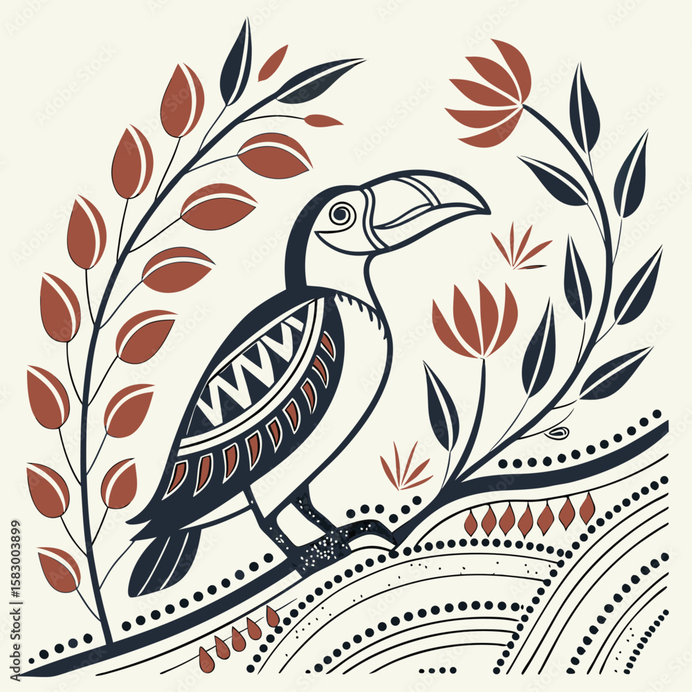 Obraz premium Decorative toucan bird illustration with floral elements in a simplified modern botanical arrangement