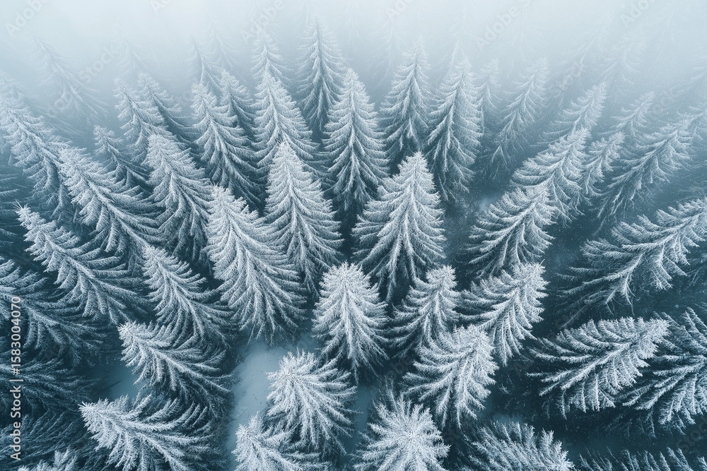 Obraz premium Overhead Drone View of Snowy Coniferous Forest with Soft Light and Natural Tones