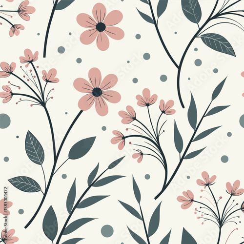 Delicate floral pattern with pink flowers and green leaves on a creamy white background.
