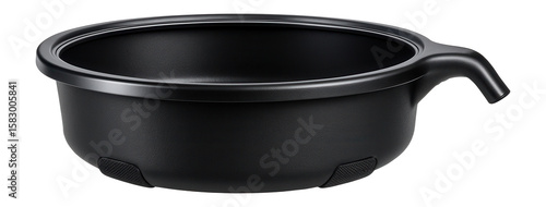 Plastic oil catch pan with a wide rim and spout for draining oil in an automotive repair garage.