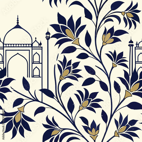 Elegant blue floral pattern with silhouette of a mughal architectural structure and cream background