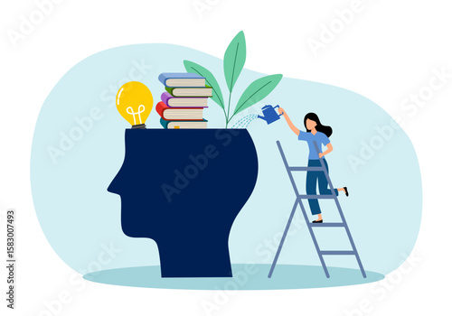 Self improvement, Increasing skills, Knowledge and abilities for oneself, Personal growth in the organization, Professional learning. Woman . watering the plant with books and lightbulb inside head.