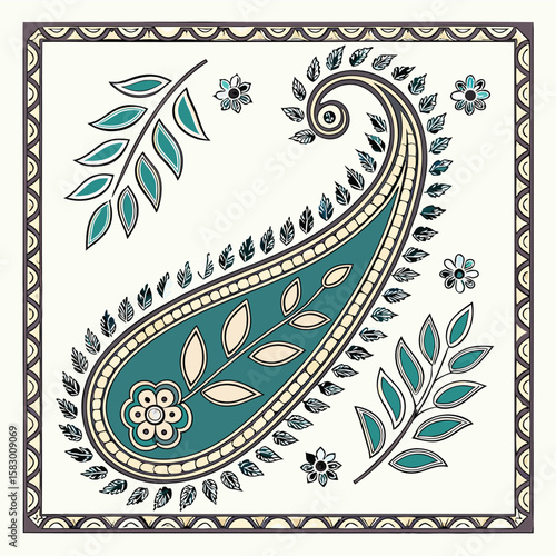 Elegant decorative paisley design with botanical elements and ornamental border on a white background