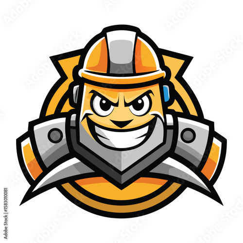 Mascot character with hard hat and sharp blades for construction or gaming