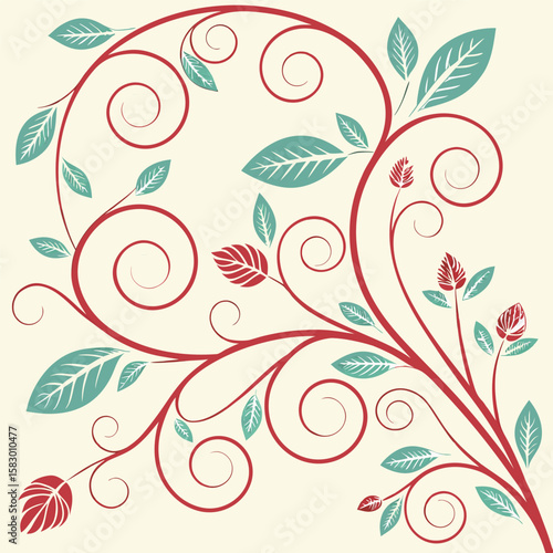 Elegant floral design with swirls and leaves in red and teal color scheme for creative art