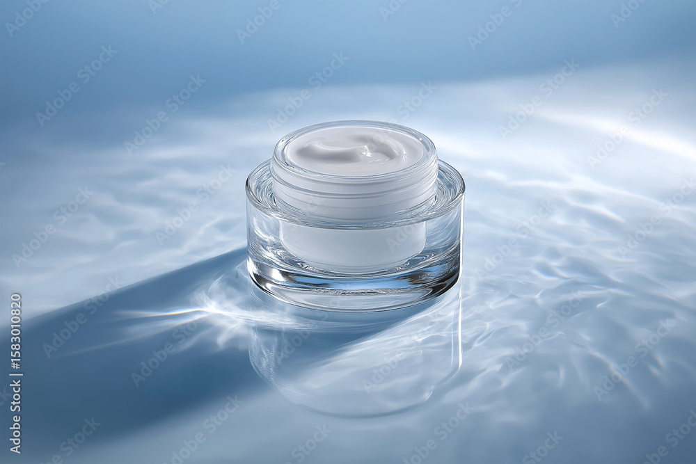 Open Glass Night Cream Jar on Water-Reflective Surface with Soft Blue Lighting Open Glass Night Cream Jar on Water-Reflective Surface with Soft Blue Lighting