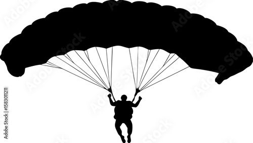Silhouette of a skydiver with a parachute in black and white ready for a safe landing experience