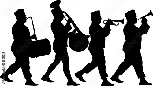 Silhouette of marching band members playing instruments in a parade formation on a white background scene
