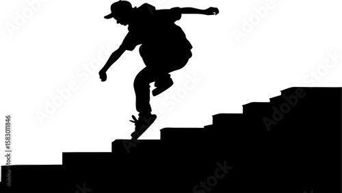 Silhouette of a skateboarder in mid air jumping down a set of stairs in a dynamic and action filled scene