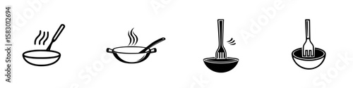 Cooking utensils icons depicting various kitchen activities involving stirring, frying, and mixing in a minimalistic black style