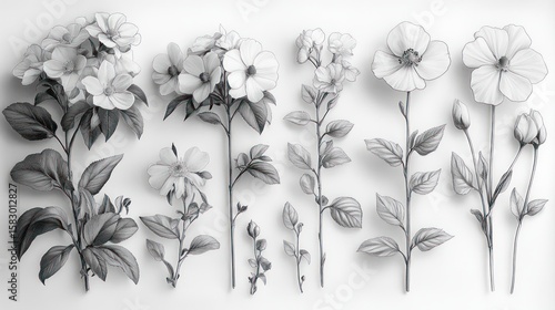 Monochrome floral arrangement, detailed botanical illustration, on a white background, for design inspiration or print