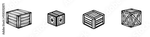 Various styles of black icon crates displayed in a minimalistic layout for design purposes