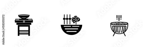Icon set representing gourmet cooking with grill, bowl of noodles, and skewered meat in monochromatic style