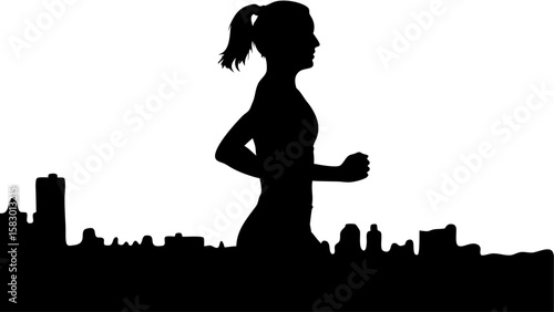 Silhouette of a woman running in front of a city skyline in black and white vector illustration