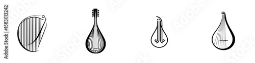 Various black icons representing string instruments displayed in a row against a simple background