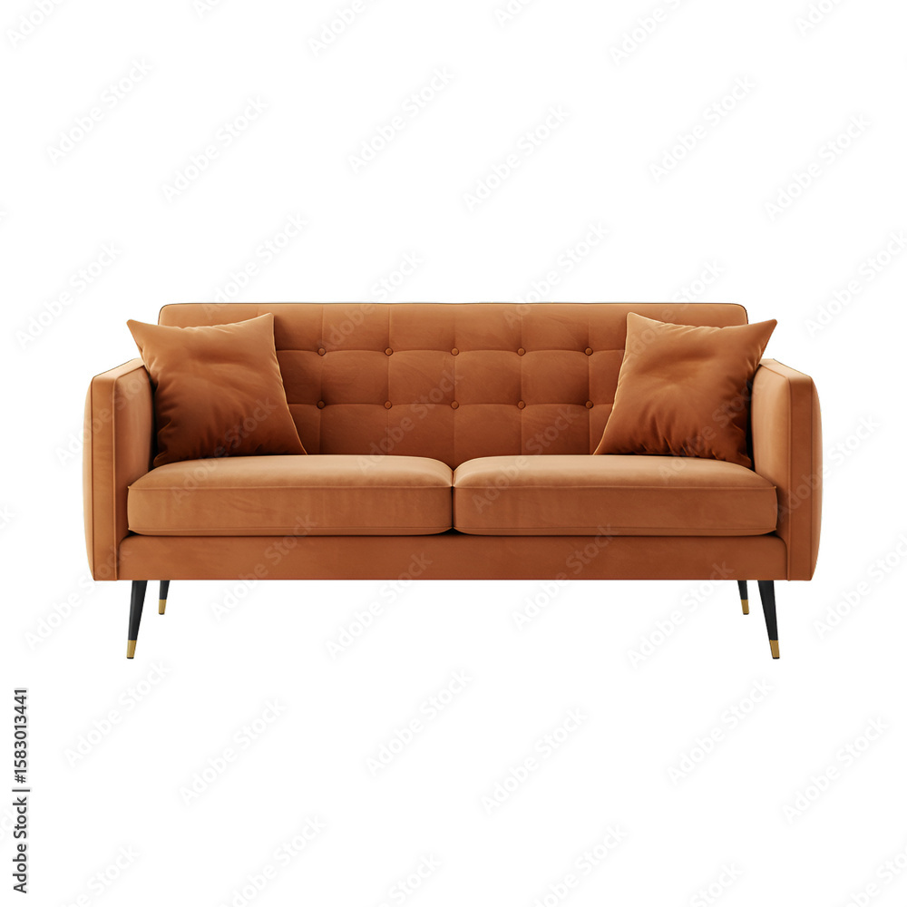 Orange Velvet Sofa with Cushions Isolated on Transparent Background Orange Velvet Sofa with Cushions Isolated on Transparent Background