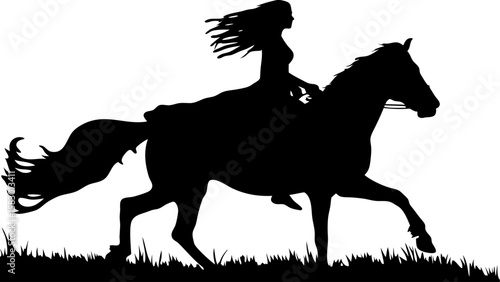 Silhouette of a woman with flowing hair riding a horse galloping across a grassy field in black and white