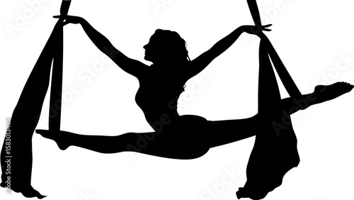 Silhouette of aerialist performing splits on aerial silks with arms extended and head in profile view