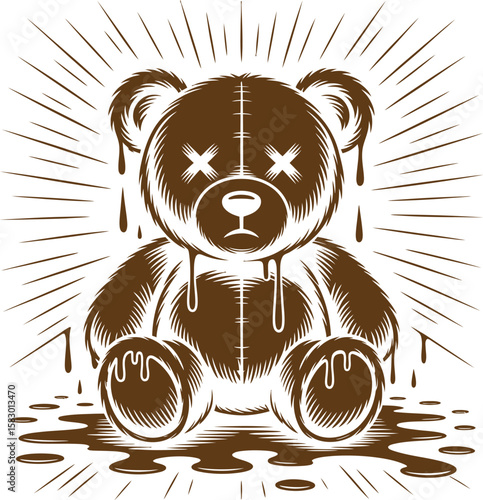 Melting teddy bear with x eyes and sun rays illustration