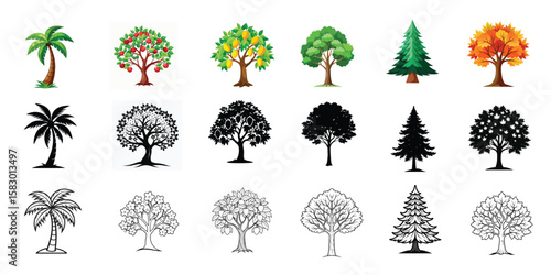 Collection of diverse trees including fruit trees and conifers isolated on white background