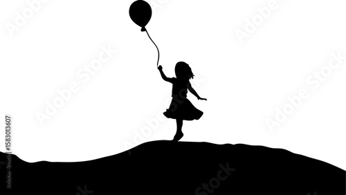 Silhouette of a little girl standing on a hill holding a balloon against a white background in grayscale