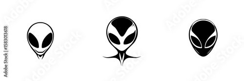 Iconic black alien heads representing different styles and expressions commonly associated with extraterrestrial themes
