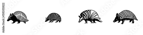 Black icons depicting various armadillo species showcasing unique patterns and sizes in a minimalist design