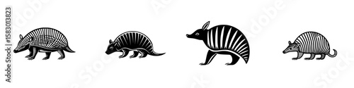 Black icon featuring various stylized armadillo designs arranged in a row with distinct patterns