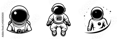 Black icons of astronauts showcasing space exploration themes with distinct designs and features