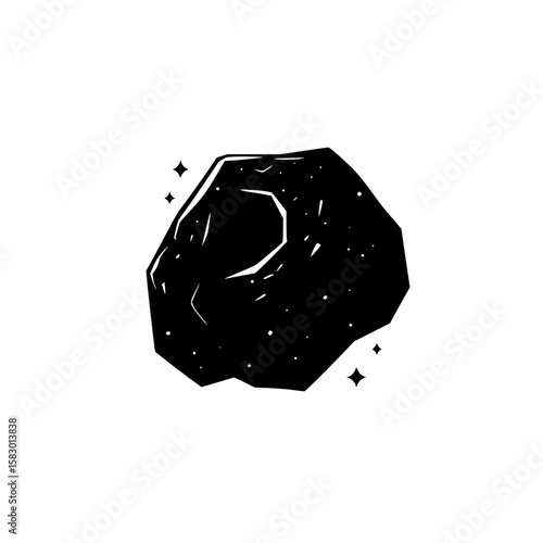 Black icon of a celestial body showcasing an asteroid shape with twinkling stars around it, representing space