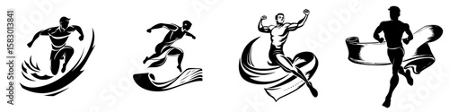 Dynamic figures in motion showcasing athleticism and strength in black icon style