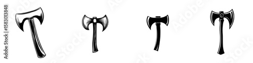 Black icon depicting various designs of axes arranged in a row showcasing their shapes and styles