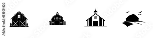 Collection of black barn icons representing rural architecture in various designs for graphic use