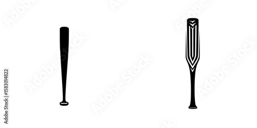Two distinct black icons representing baseball bats side by side on a white background for illustration purposes